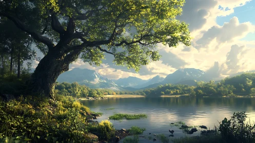 Lone tree by calm mountain lake under bright daylight.