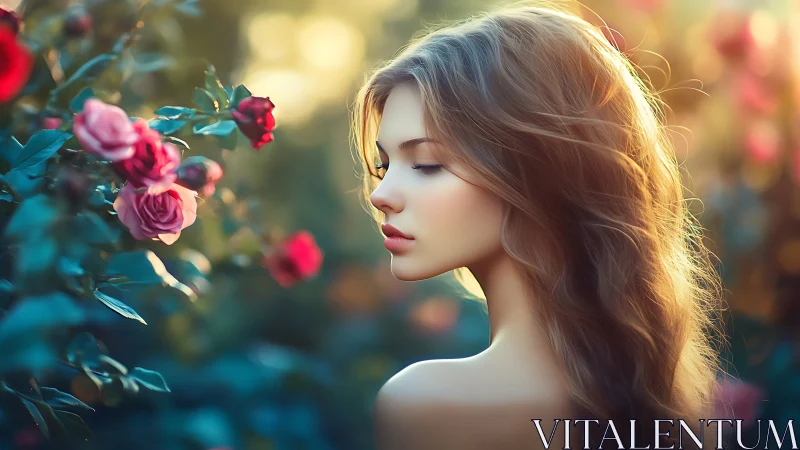 Softly glowing girl finding quiet magic in a rose garden.