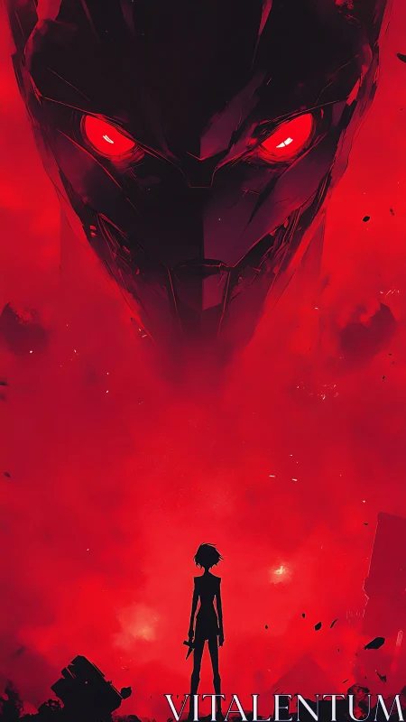 Silhouetted figure confronts giant red mechanical face.