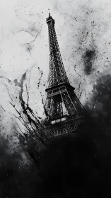Monochrome Eiffel Tower with abstract ink splatter forms.