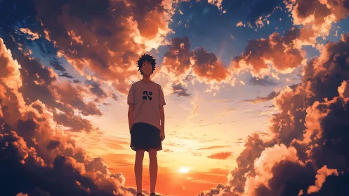 Silhouetted boy stands within radiant sunset cloud corridor