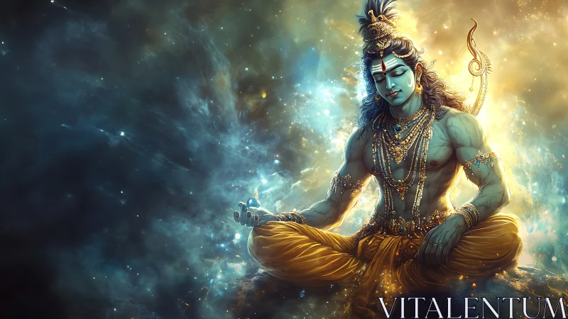 Cosmic meditation of blue-skinned deity in radiant nebula field.