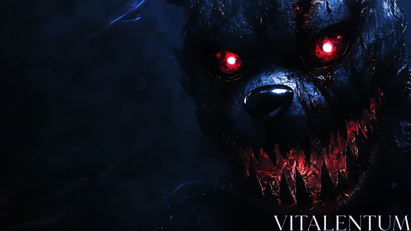 Demonic teddy bear lunges forward with burning red eyes.