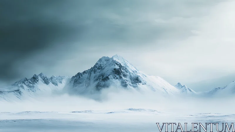 Silent frost titan rises through wind-scoured polar mist