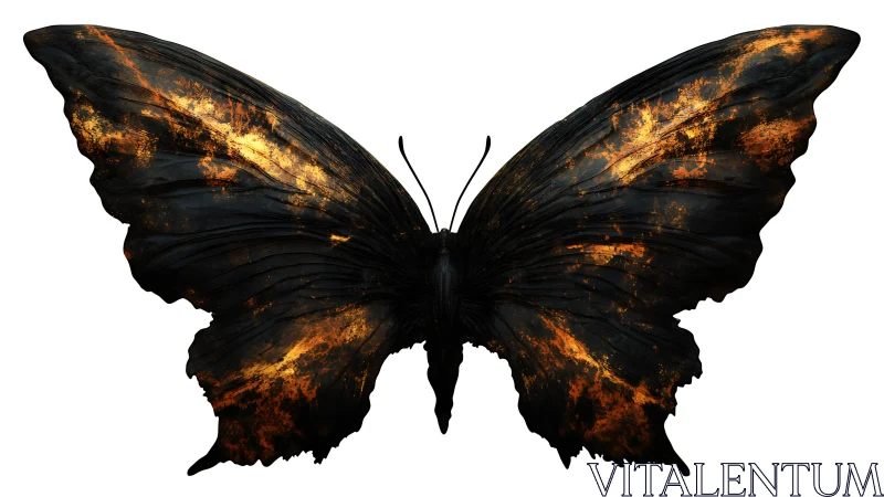 Dark textured butterfly with glowing golden wing accents.