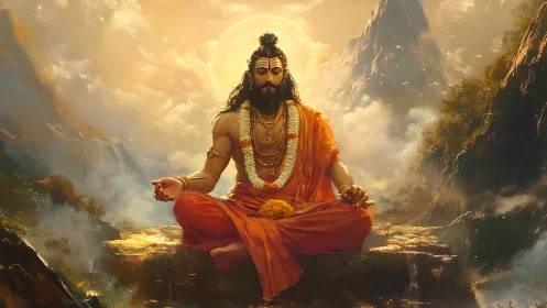 Mystic yogi in lotus posture amid sunlit Himalayan cliffs