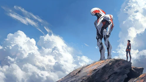 Cloudbound colossus pauses to greet its lone skyward maker