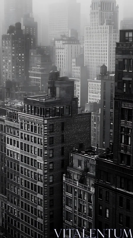 Fog-draped city canyons stack quiet stories in grayscale