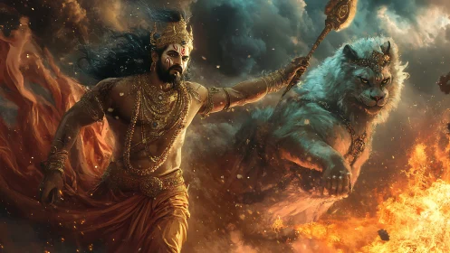 Mythic warrior and celestial lion charging through fire.