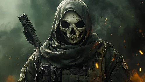 Hooded skull soldier standing calm in drifting battle smoke.