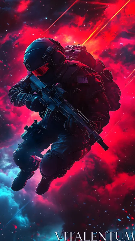 Armored soldier descending through neon red and blue clouds