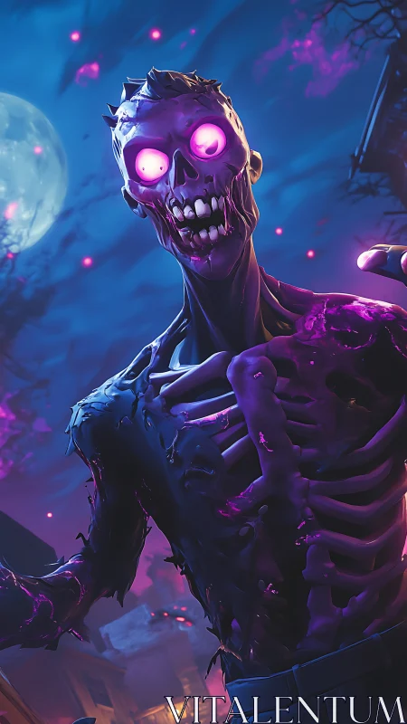 Glowing eyed zombie creature in a purple night scene.