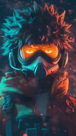 Cyberpunk survivor with respirator mask and neon rim lighting