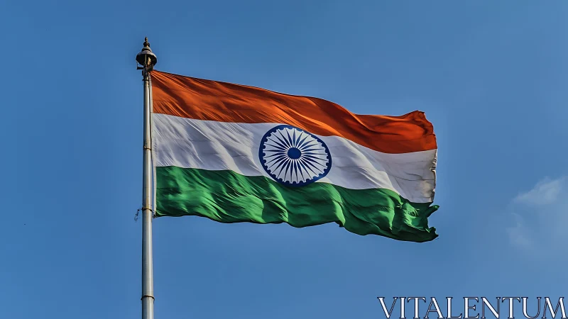 Indian tricolor flag captured mid-wave against clear sky backdrop