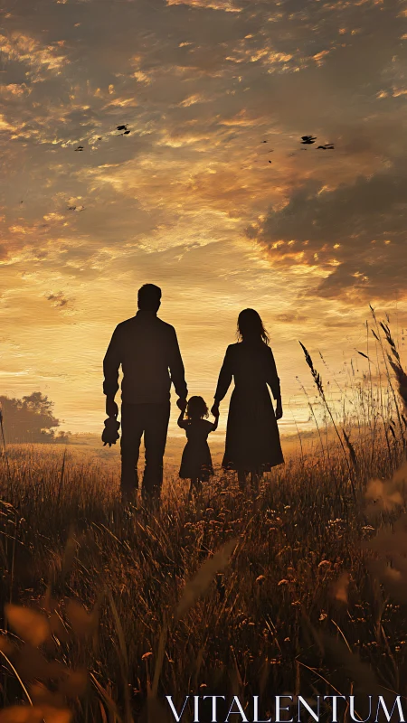 Family silhouette at golden hour in meadow.