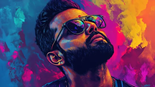 Neon-lit portrait gazes upward in a storm of electric color