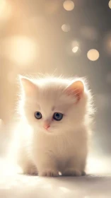 White Kitten with Blue Eyes Illuminated in Soft Golden Light.