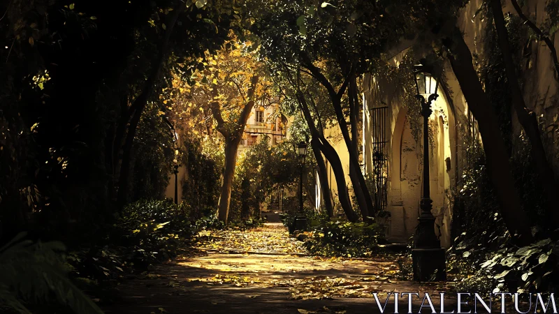 Sunlit old courtyard walkway under dense autumn trees.