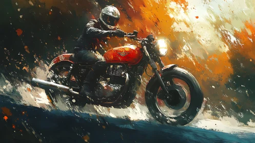 Motorcycle rider moves through abstract painted landscape