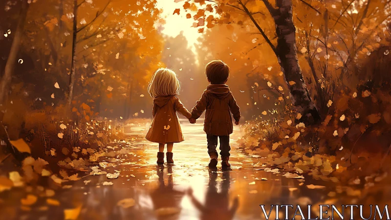 Children hold hands on golden autumn forest path toward light