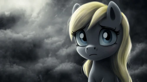 Melancholic cartoon pony beneath storm-laden skies.