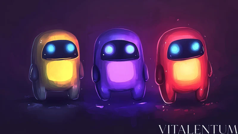 Triptych of neon robot mascots under soft rim lighting