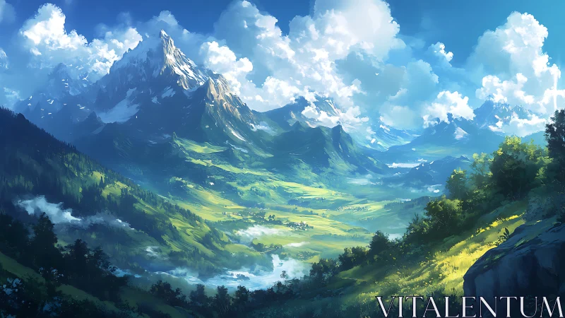 Sunlit mountain valley dreaming under billowing summer skies.