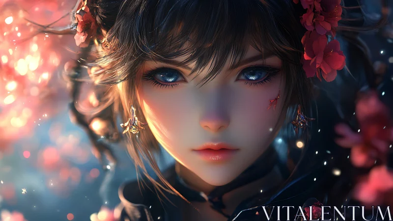 Midnight blossom muse with luminous, spellbound eyes.