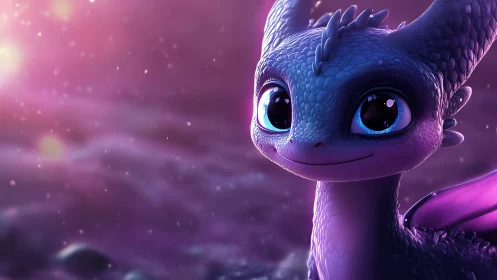 Purple baby dragon with large eyes in glowing light.