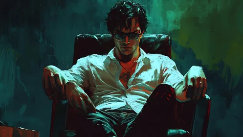 Moody man in chair with teal and red lighting.