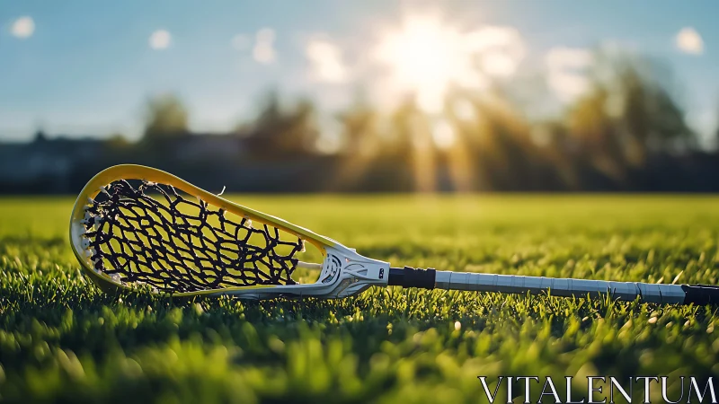 Lacrosse stick lying on grass field under low sun.