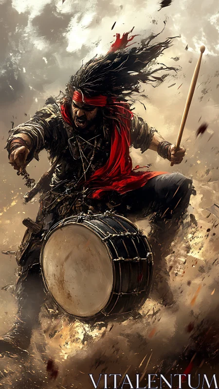 Warrior drummer in dynamic battlefield environment.