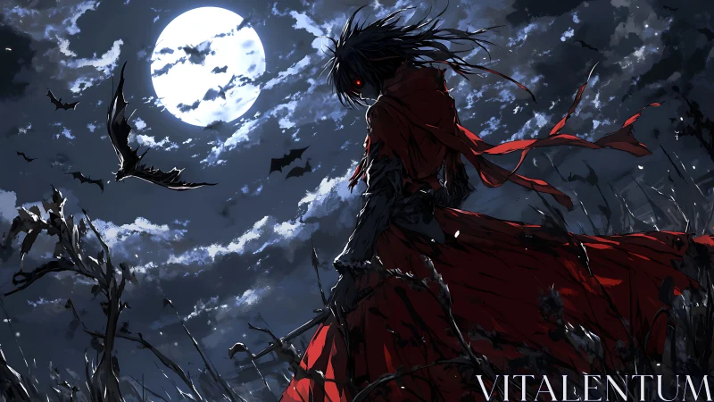 Crimson cloaked wanderer beneath a restless harvest moon.