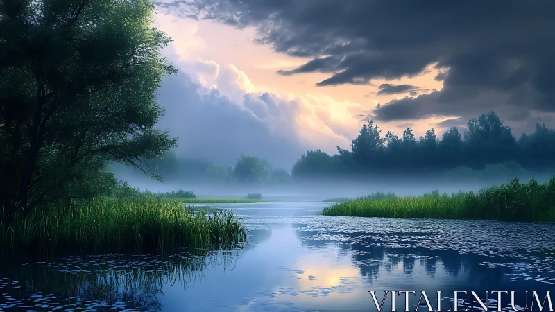 Dramatic misty river landscape under storm-lit twilight sky
