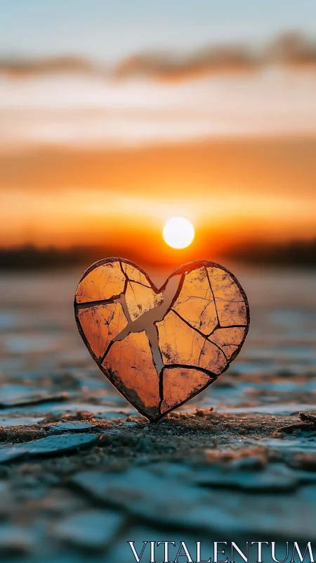 Fractured Heart Silhouette Illuminated by Sunset Orb.
