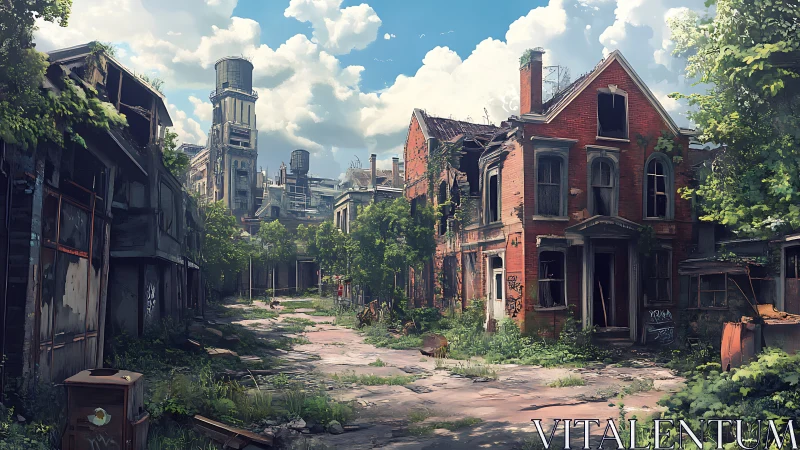 Post-apocalyptic overgrown street with derelict brick houses and plant life.