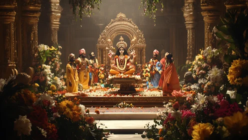 Golden temple bloom around radiant Hindu deity altar.