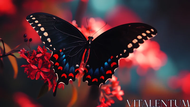 Black swallowtail butterfly on red blossoms, shallow focus.