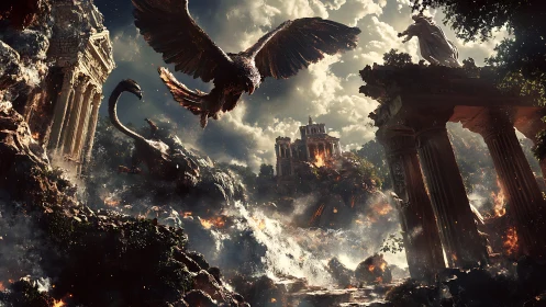 Mythic beasts assault burning ruins in dynamic storm light.