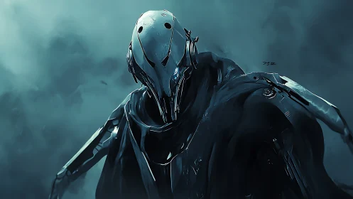 Humanoid robotic figure in dark atmospheric environment.