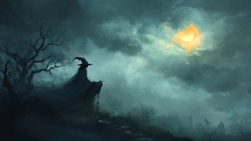 Dark robed figure under eerie moonlit storm sky.