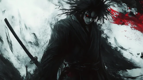 Dark samurai stalks storm, crimson eyes burn through void.