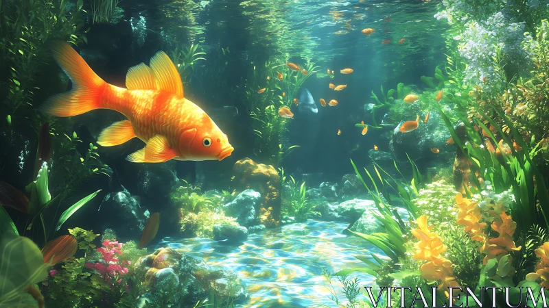 Golden koi swims through luminous underwater garden scene