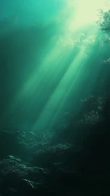 Sunbeams descend into a tranquil, emerald underwater abyss