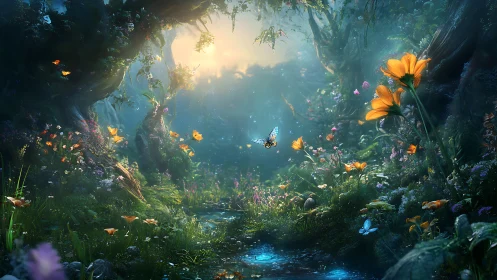 Bioluminescent sylvan glade with butterflies and spectral bloom.