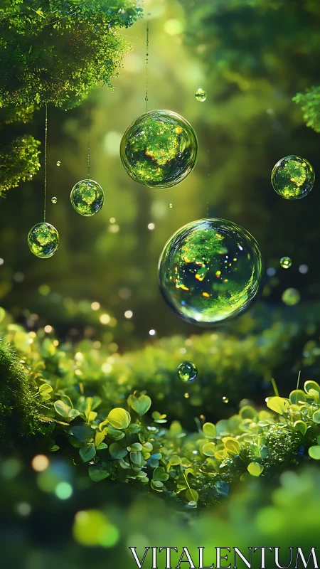 Floating forest orbs shimmer in sunlit emerald haze.