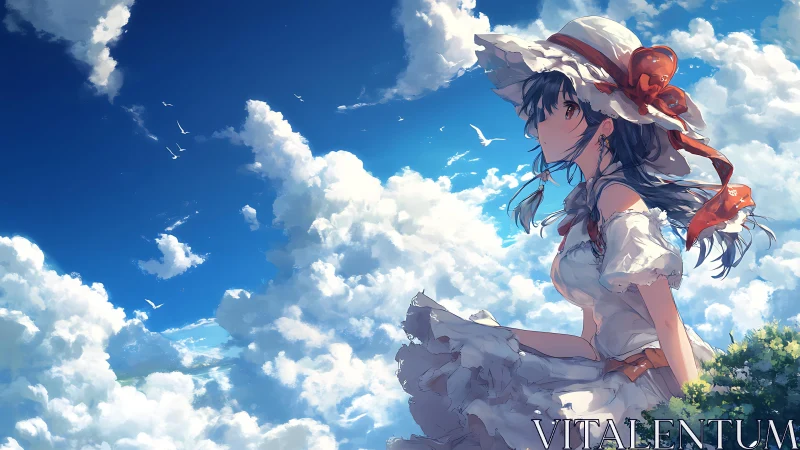 Girl in white dress gazes toward deep blue summer sky