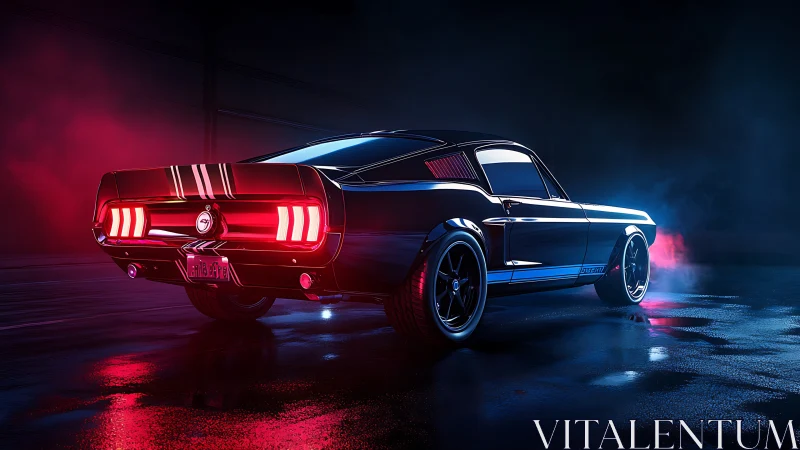 Midnight muscle car under neon red and blue backlights.