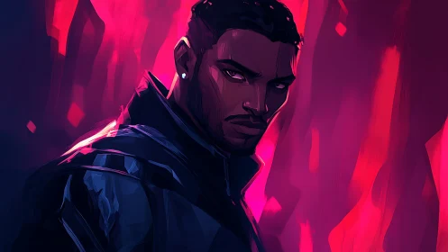 Midnight sentinel in neon embers watching the future burn.