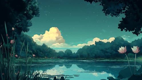 Night-breathing lotus pond hushes the bright cloud parade